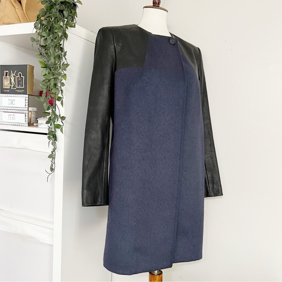 Pierre Balmain Womens Leather Panel Wool Blend Coat Size 30 Luxury Winter‎ - Picture 3 of 12